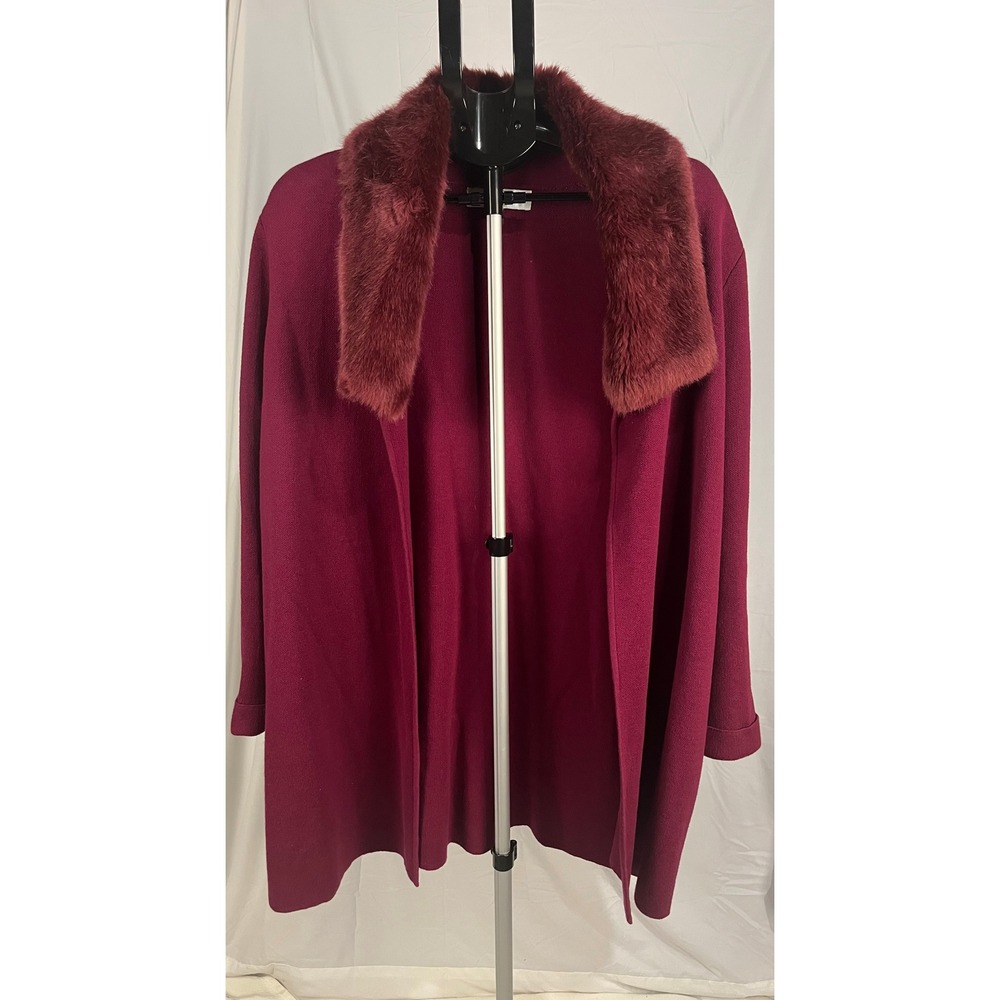 Jones‎ Studio Separates Berry Wine Faux Fur Collar Open Front Cardigan XL